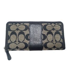 Coach Zip Around Black and Tan Women's Wallet Signature Print